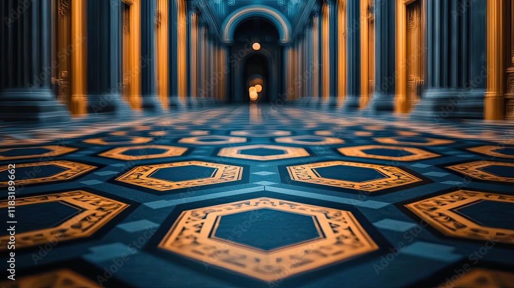 Poster Floor abstract background concept. Intricate tiled floor design in a grand architectural space with detailed patterns.