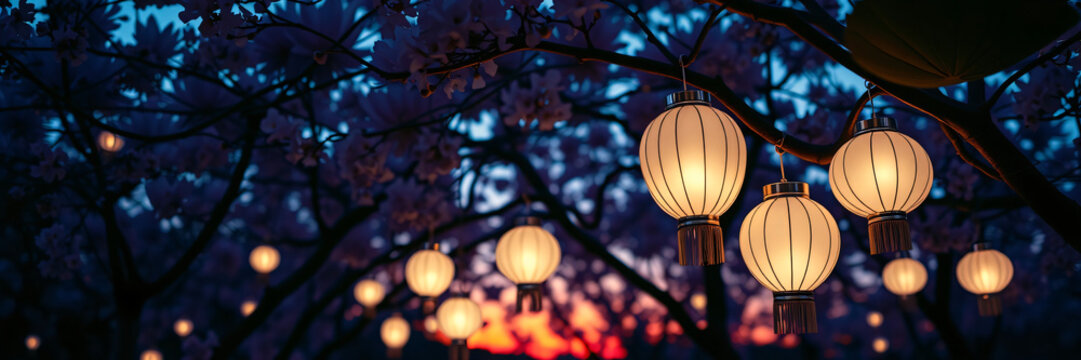 Oriental Chiese Lantern In Tree At Twilight. Screne scene backdrop background.