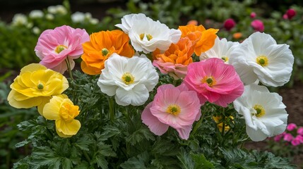 Obraz premium Vibrant Ranunculus Blooms in Garden Setting