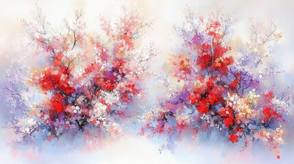 Vibrant Red and White Blossoms Springtime Painting