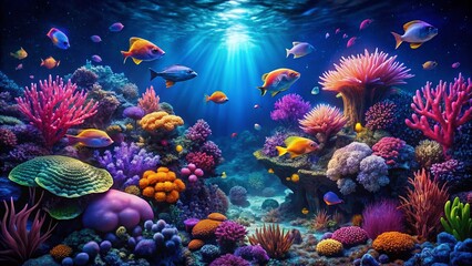 Obraz premium Mesmerizing Nighttime Underwater Scene: Vibrant Reef Fish & Coral