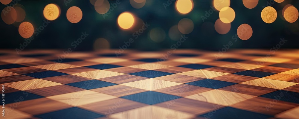 Poster floor abstract background concept. a beautifully arranged wooden chessboard with glowing bokeh light