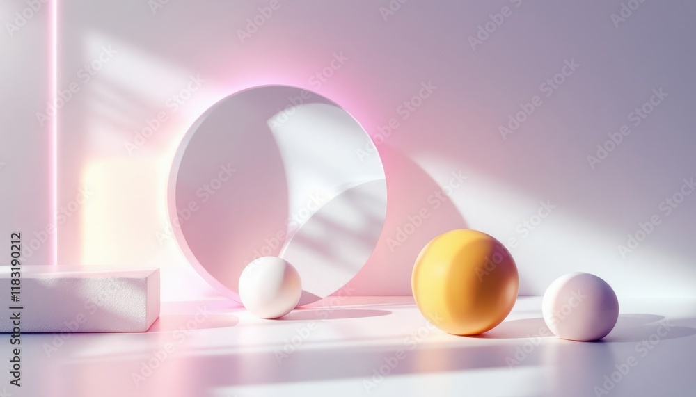 Poster abstract geometric shapes in soft pastel light with circles and shadows