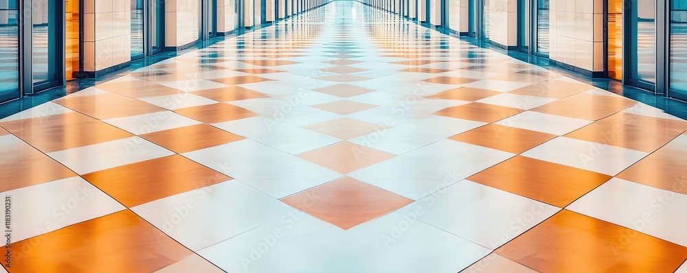 Poster floor abstract background concept. a symmetrical, colorful tiled hallway with bright reflections on 