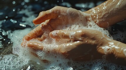 Closeup Of Hands Washing In Foamy Water 
