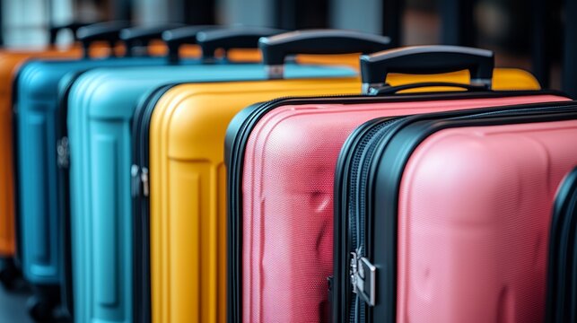 Colorful suitcases lined up, ready for travel.
