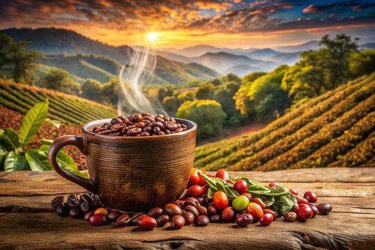Mexican Coffee in Ceramic Cup: Double Exposure Stock Photo