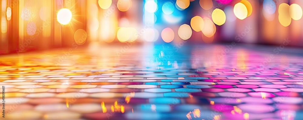 Poster floor abstract background concept. a vibrant urban scene with colorful lights reflecting on a wet su