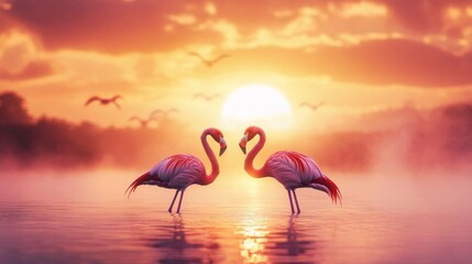 Fototapeta premium Romantic pink flamingos on a misty lake at dusk, their necks creating a heart shape against the backdrop of a glowing sunset