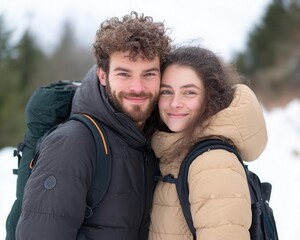 Fototapeta premium Couples in sustainable winter gear hiking through snow, embracing eco-conscious love.