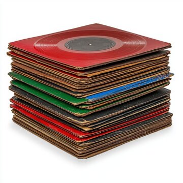 A photostock of a stack of classic vinyl records, neatly arranged on a clean white background, symbolizing retro music and vintage entertainment. High Quality