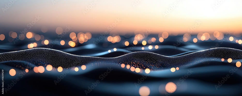 Poster Dots abstract background idea. A serene view of shimmering water waves illuminated by soft, glowing bokeh lights.