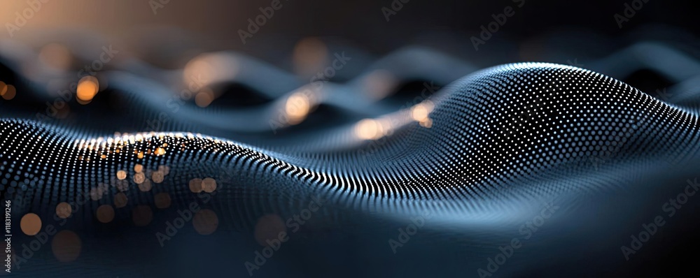 Poster Dots abstract background idea. Abstract representation of digital waves with glimmering lights in a dark setting.