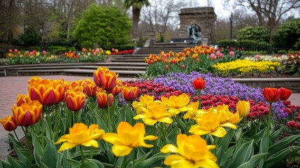 Fototapeta premium Vibrant Spring Tulips Blooming in Park Garden
