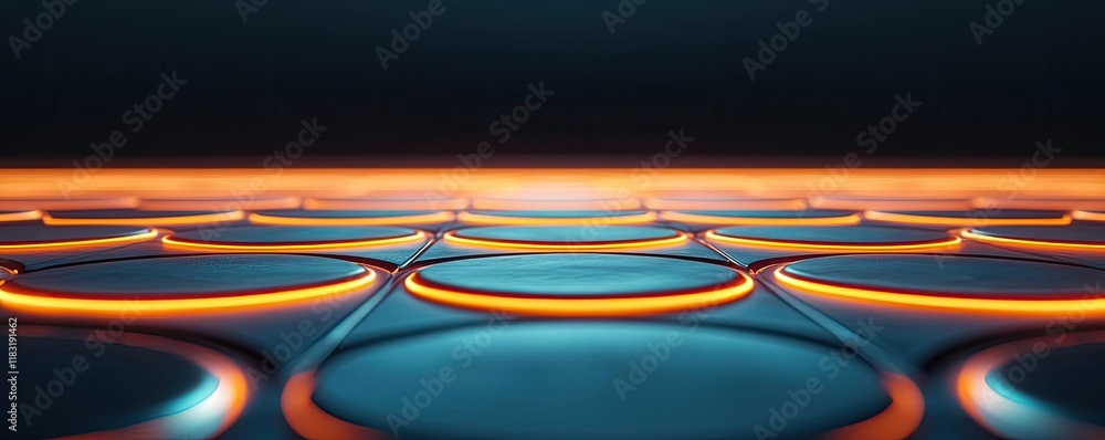 Poster Floor abstract background concept. Futuristic glowing circular patterns on a dark surface, showcasing vibrant lines.