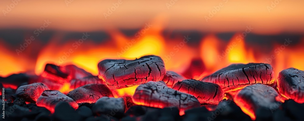 Aufkleber fire abstract background concept. glowing charcoal embers burning brightly as the sun sets in the ba