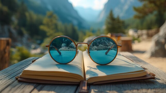 A pair of stylish sunglasses lies on a surface, reflecting a bright, sunny atmosphere, possibly near a beach or water, suggesting leisure. - Powered by Adobe