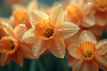 Fototapeta premium A close-up of dew drops on freshly bloomed daffodils