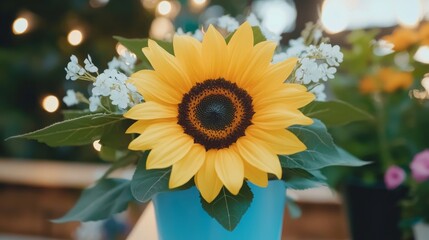 Obraz premium Vibrant Sunflower Bouquet in Blue Pot, Garden Lights Background