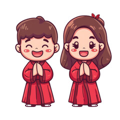 Happy cartoon couple wearing traditional red clothes with smiling faces bowing.