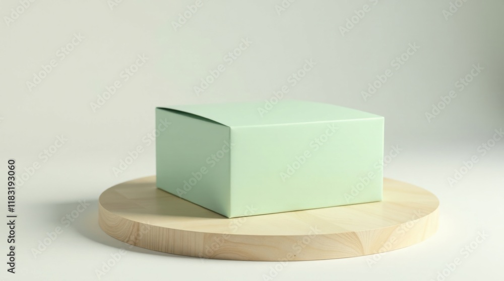 Poster minimalist product display with a light green box on a wooden platform