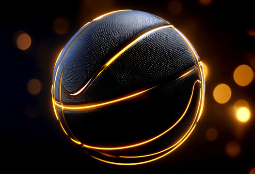 olated futuristic 3d black sports background dark lines golden texture glowing ball basketball dimple concept gold glow leather  