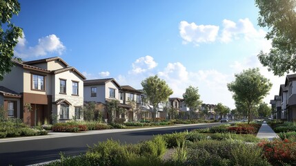 A picturesque suburban street featuring modern homes, green foliage, and clear blue skies overhead.