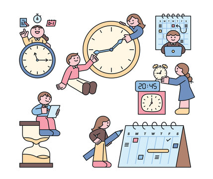 Cute characters manage their time and schedules with clocks and calendars. outline character vector illustration.