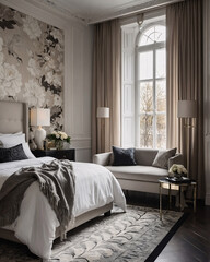 Sleek black and white bedroom with large windows designer furniture and minimalistic luxury modern decor Contemporary Interior Design Inspiration