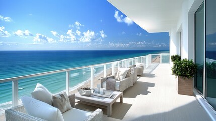 Fototapeta premium A minimalist balcony design with clean lines, white furniture, and a panoramic ocean view.