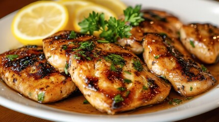 A plate of pan-seared trout fillets garnished with fresh herbs and lemon slices.