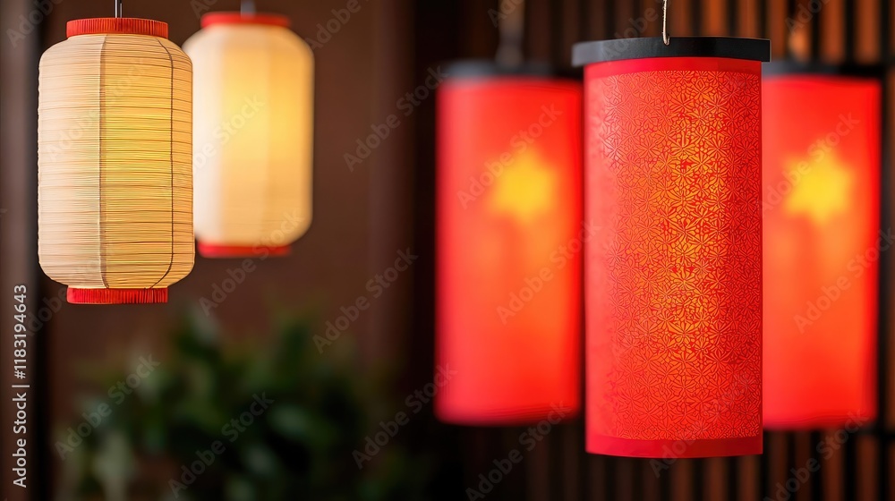 Poster chinese new year lighting idea. beautiful lanterns in vibrant colors, creating a warm ambiance in a 