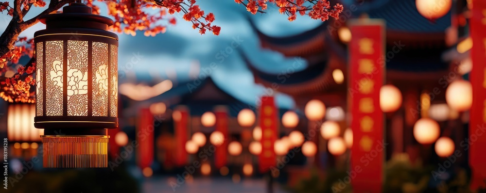 Poster chinese new year festival idea. a scenic view of illuminated lanterns during twilight in a tradition