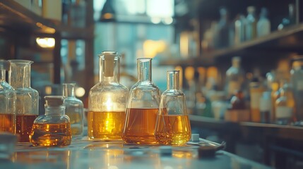Amber liquid in glass laboratory flasks on counter.