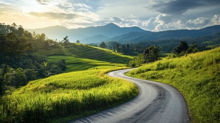 A quiet ride on a curving hill road, with vibrant greenery, chirping birds, and breathtaking mountain views.