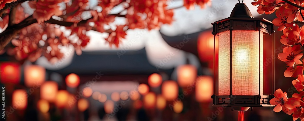 Poster chinese new year festival idea. a serene evening scene with lanterns and cherry blossoms in a tranqu