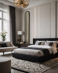 Spacious modern bedroom in black and white with luxury furniture and expansive windows offering natural light Contemporary Interior Design Inspiration