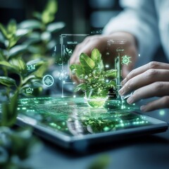 Green Technology Innovation:  A scientist's hands interact with a holographic plant displayed on a tablet, symbolizing advancements in sustainable agriculture and technological innovation.