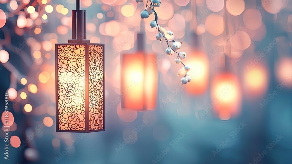 Poster chinese new year lighting idea. elegant lanterns glowing softly in a serene, dreamy setting with blu