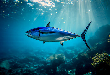 Fototapeta premium tuna underwater bluefin thunnus albacore animal big blue closeup coast wavy eye fin fish fishing food fresh fun game althy hobby industry