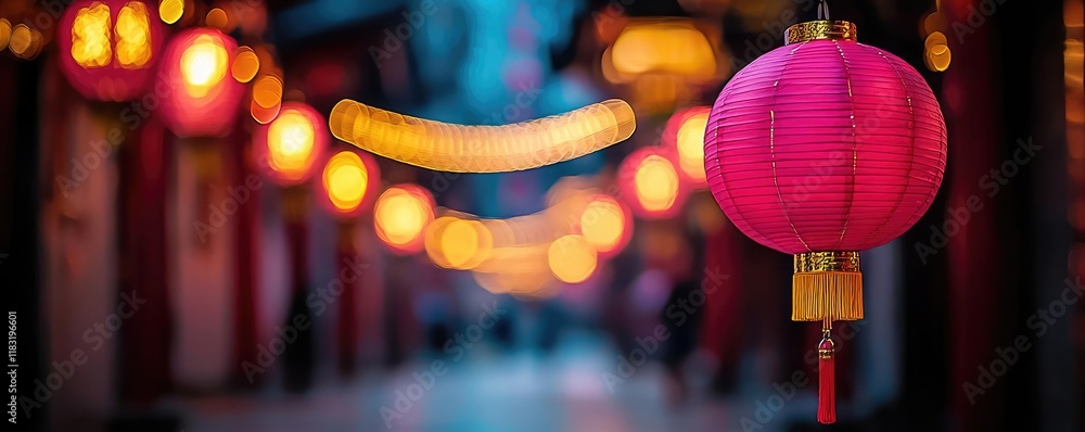 Poster chinese new year lighting idea. vibrant lanterns illuminate a tranquil street, creating a festive an