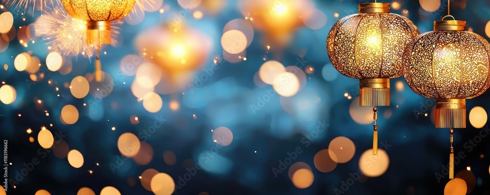 Poster Chinese new year lighting idea. Beautiful glowing lanterns with bokeh lights create a festive atmosphere.