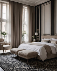 Beautiful contemporary bedroom with black and white color scheme luxury furniture and large windows for natural light Contemporary Interior Design Inspiration