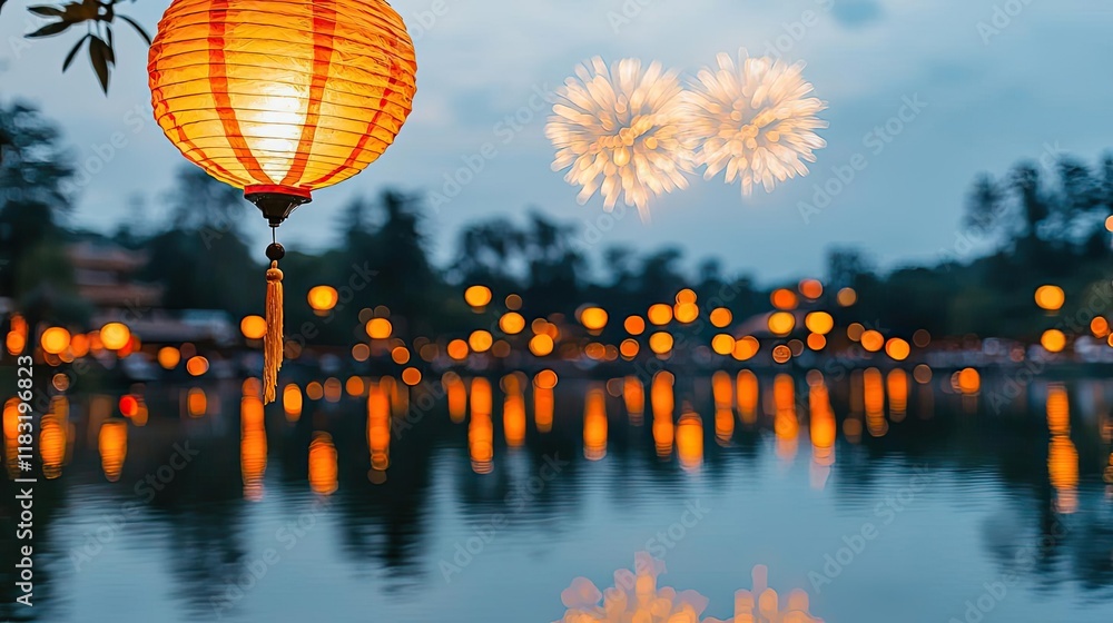 Poster chinese new year lighting idea. illuminated lanterns reflect on the water during a festive evening c
