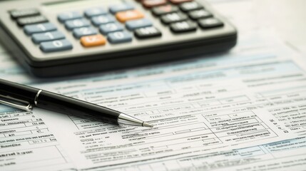 Fototapeta premium Close-Up of Tax Documents with Calculator and Pen, Illustrating Financial Planning, Budgeting, and Personal Finance Management in Modern Office Setting