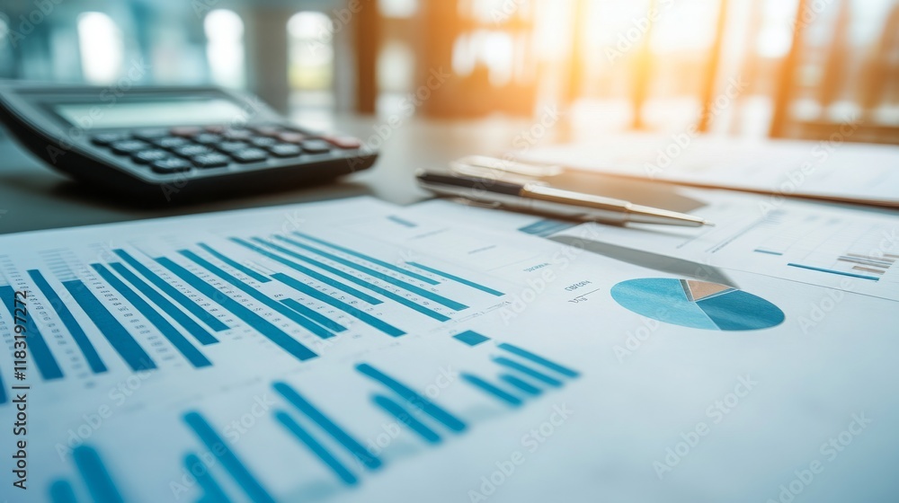 Aufkleber close-up view of financial reports with colorful graphs and calculators in a bright office setting, 