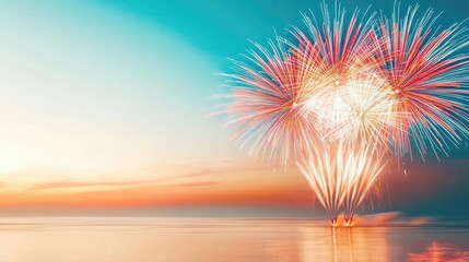 Chinese new year fireworks concept. Vibrant fireworks lighting up the evening sky over a tranquil sea at sunset.