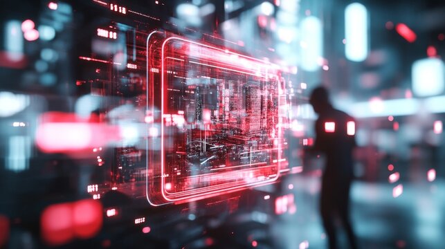 Cybersecurity Breach: A Hacker in the Digital City.  A mysterious figure is silhouetted against a futuristic cityscape, with a glowing red data breach warning in the foreground.