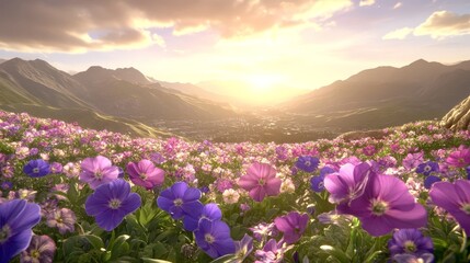 Fototapeta premium Vibrant Wildflower Meadow Sunset Mountain View