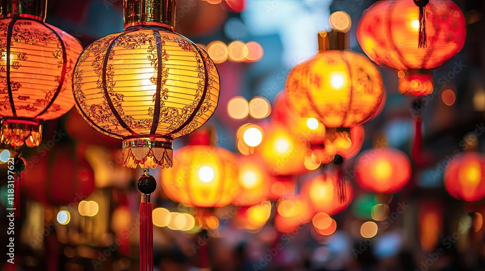 Poster chinese new year festival idea. colorful lanterns illuminate a festive street, creating a warm and i
